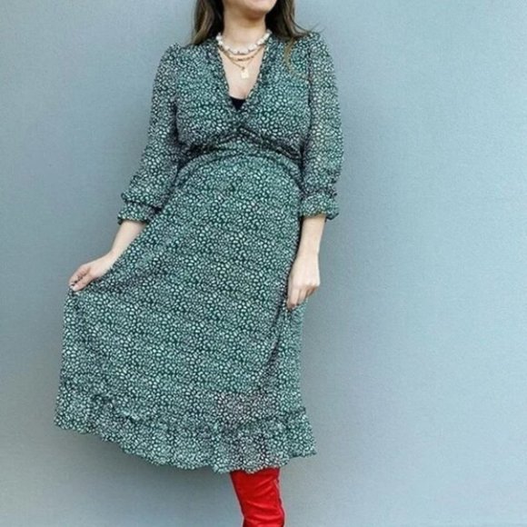 Animal print Ruffle Hem Dress Shabby Chic Cottagecore green - Picture 7 of 7